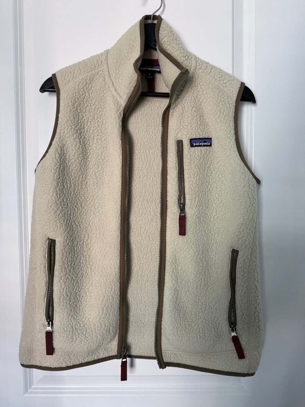 Patagonia Cream Sherpa Fleece Vest with Brown Trim
